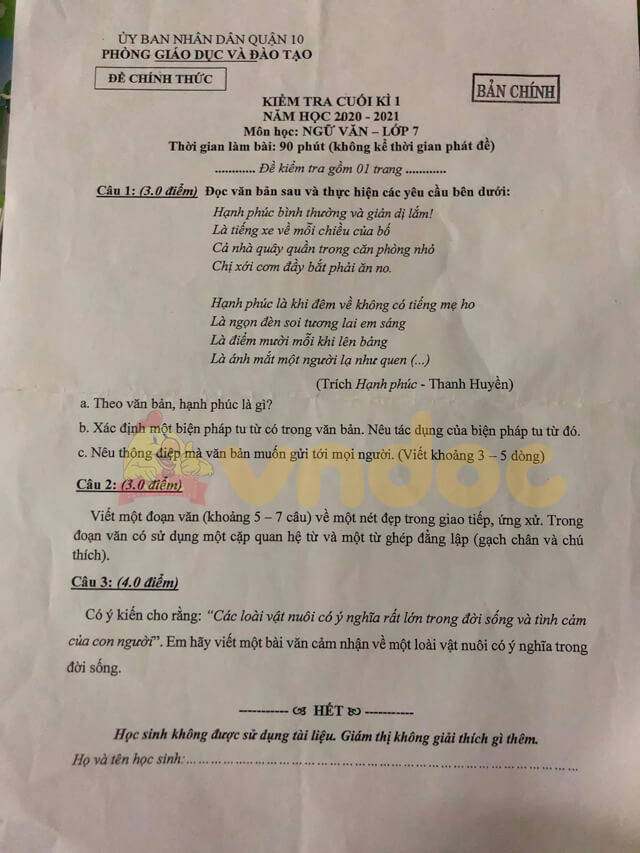Đề thi học kì 1 Ngữ văn 7 năm 2020