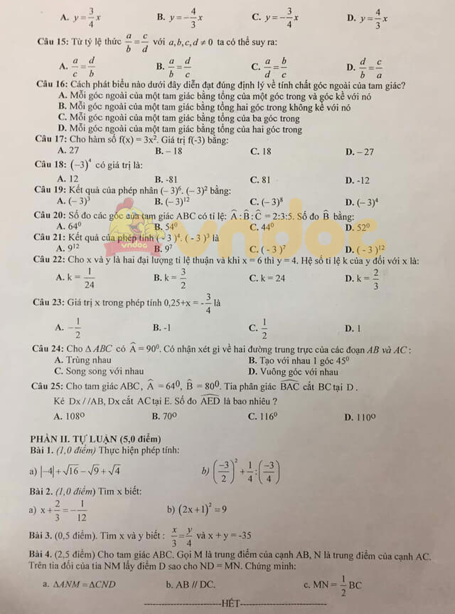 Đề thi học kì 1 Toán 7 năm 2020