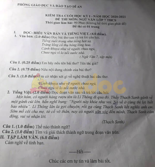 Đề thi học kì 1 Ngữ văn 7 năm 2020