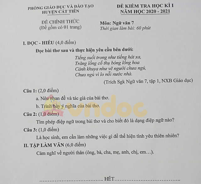 Đề thi học kì 1 Ngữ văn 7 năm 2020