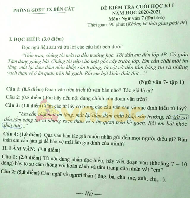 Đề thi học kì 1 Ngữ văn 7 năm 2020