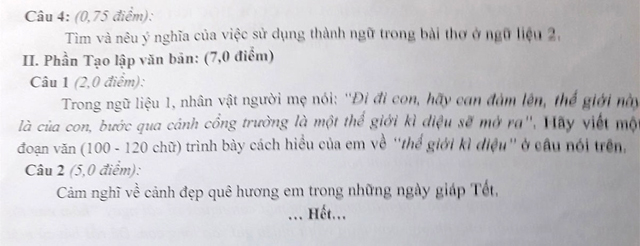 Đề thi học kì 1 Văn 7 năm 2020