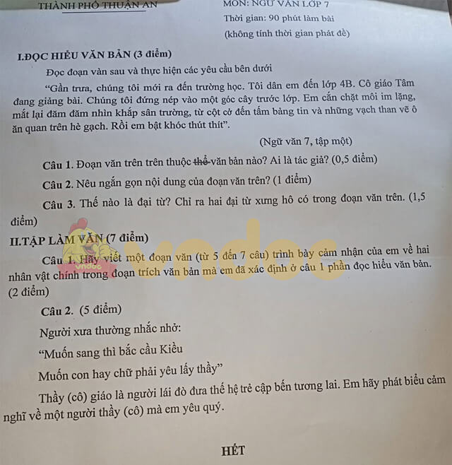 Đề thi học kì 1 Ngữ văn 7 năm 2020