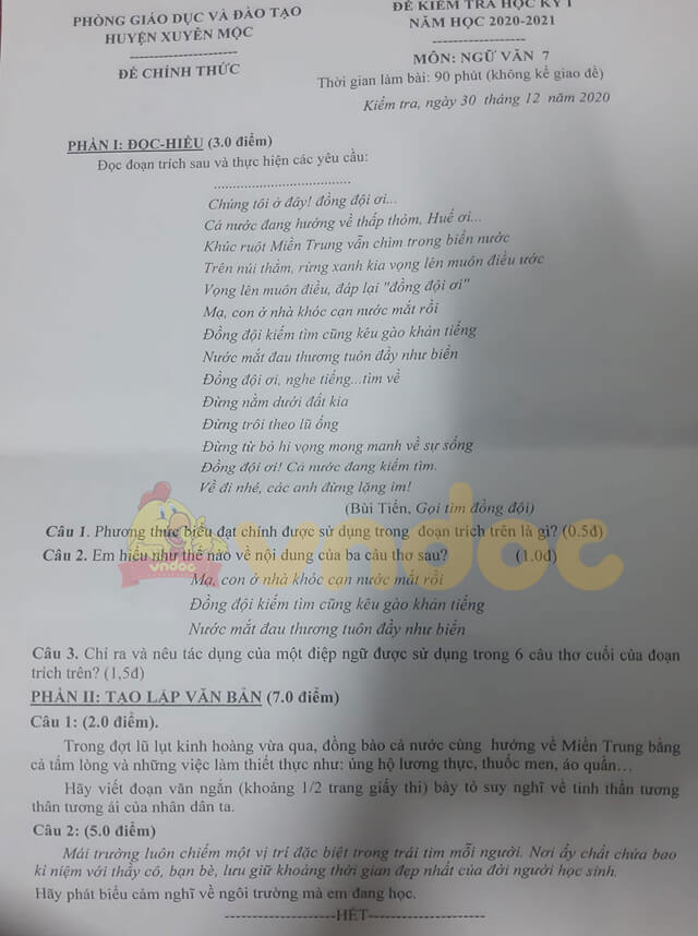 Đề thi học kì 1 Ngữ văn 7 năm 2020