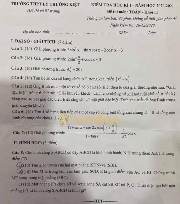 Đề thi học kì 1 Toán 11 Trường THPT Lý Thường Kiệt năm 2020 - 2021