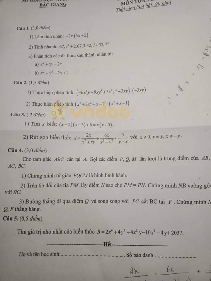 Đề thi học kì 1 Toán 8 Sở GD&ĐT Bắc Giang năm 2020 - 2021