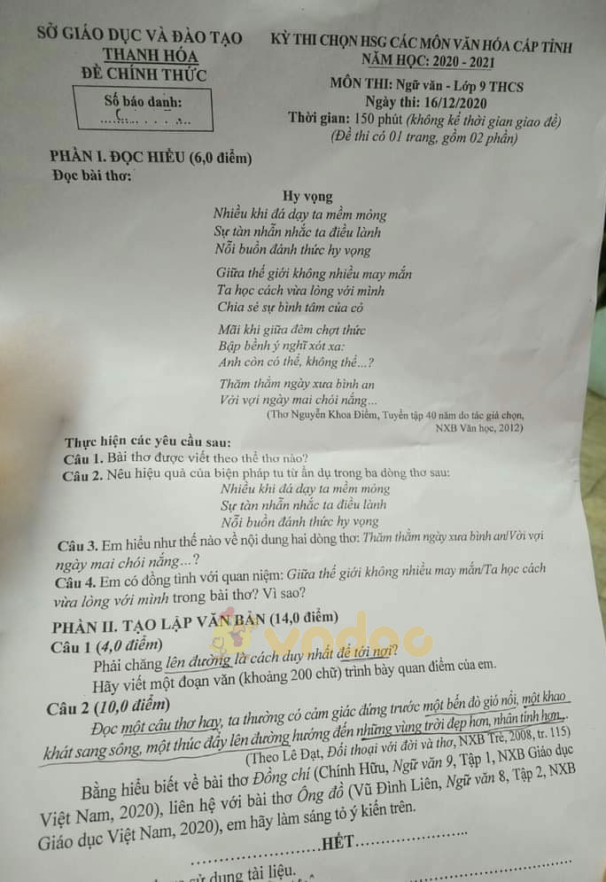 Đề thi học kì 1 Văn 9 Sở GD&ĐT Thanh Hóa năm 2020 - 2021