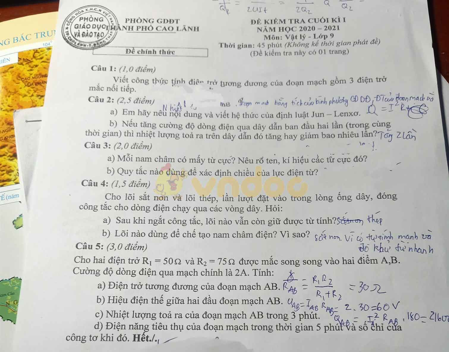 Đề thi Vật lý 9 học kì 1 Phòng GD&ĐT TP Cao Lãnh năm 2020 - 2021