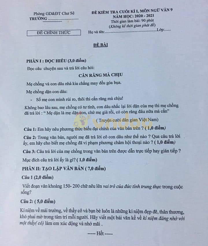 Đề thi học kì 1 Văn 8 Phòng GD&ĐT Chư Sê năm 2020 - 2021
