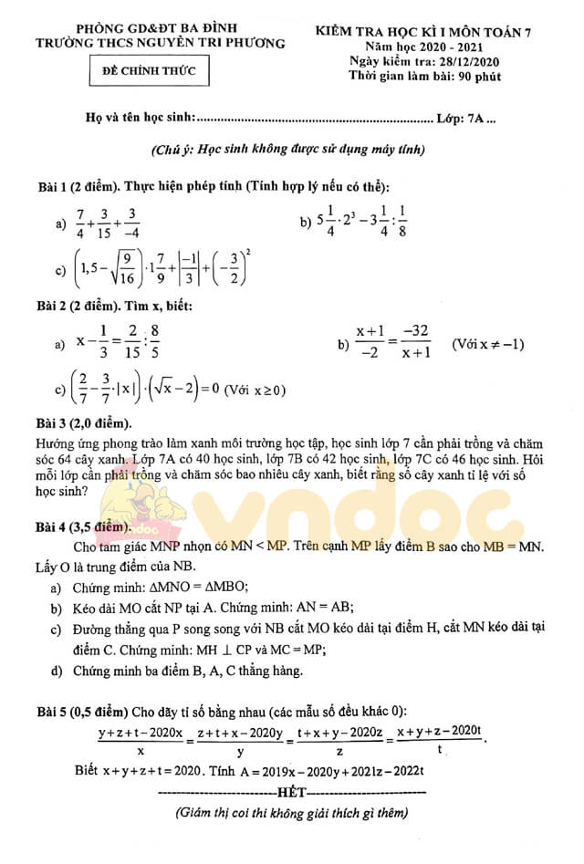 Đề thi học kì 1 lớp 7 môn Toán