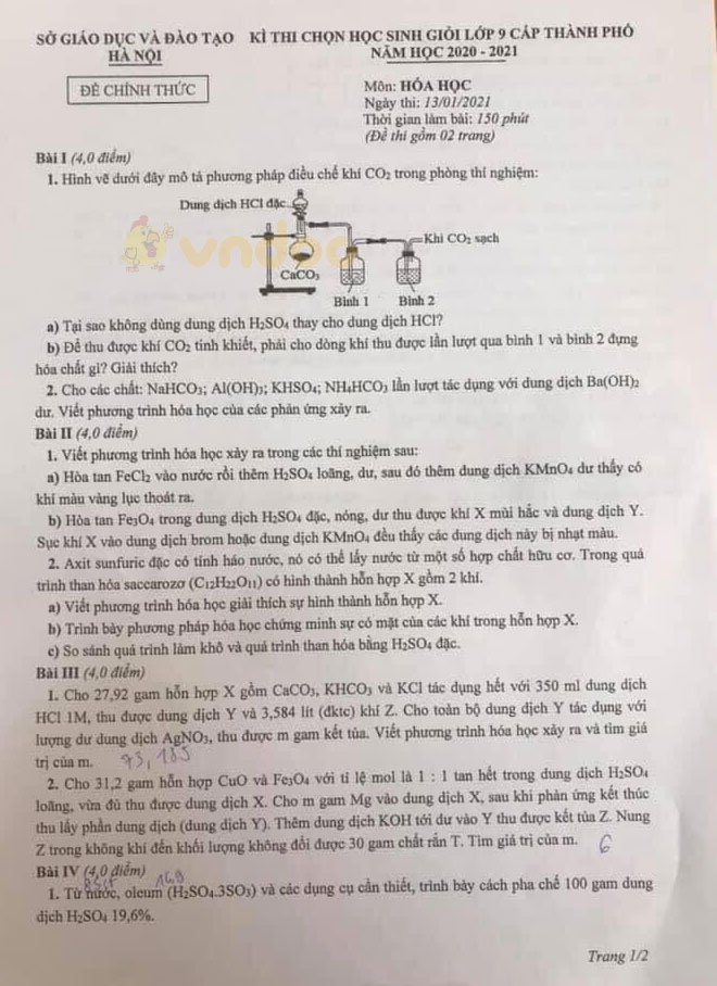 Đề thi chọn học sinh giỏi lớp 9 môn Hóa học cấp TP Sở GD&ĐT Hà Nội năm 2020 - 2021