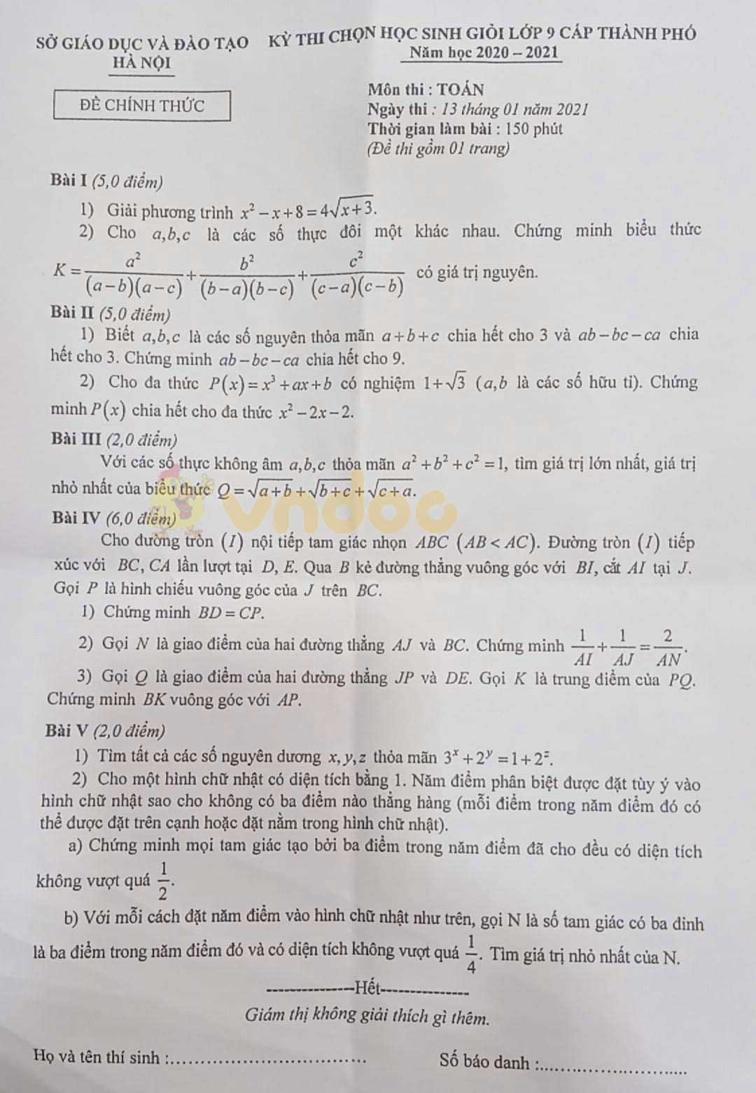 Đề thi chọn học sinh giỏi lớp 9 môn Toán Sở GD&ĐT Hà Nội năm 2020 - 2021