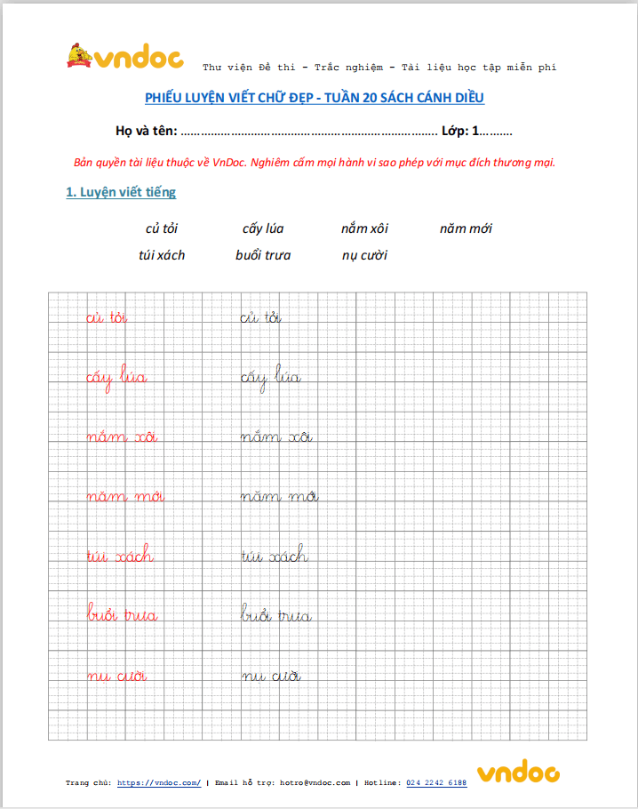 Phiếu luyện viết chữ đẹp Tuần 20 sách Cánh Diều