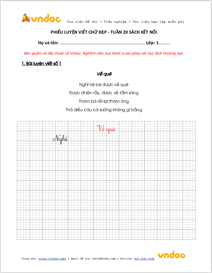 Phiếu luyện viết chữ đẹp - Tuần 20 sách Kết nối tri thức