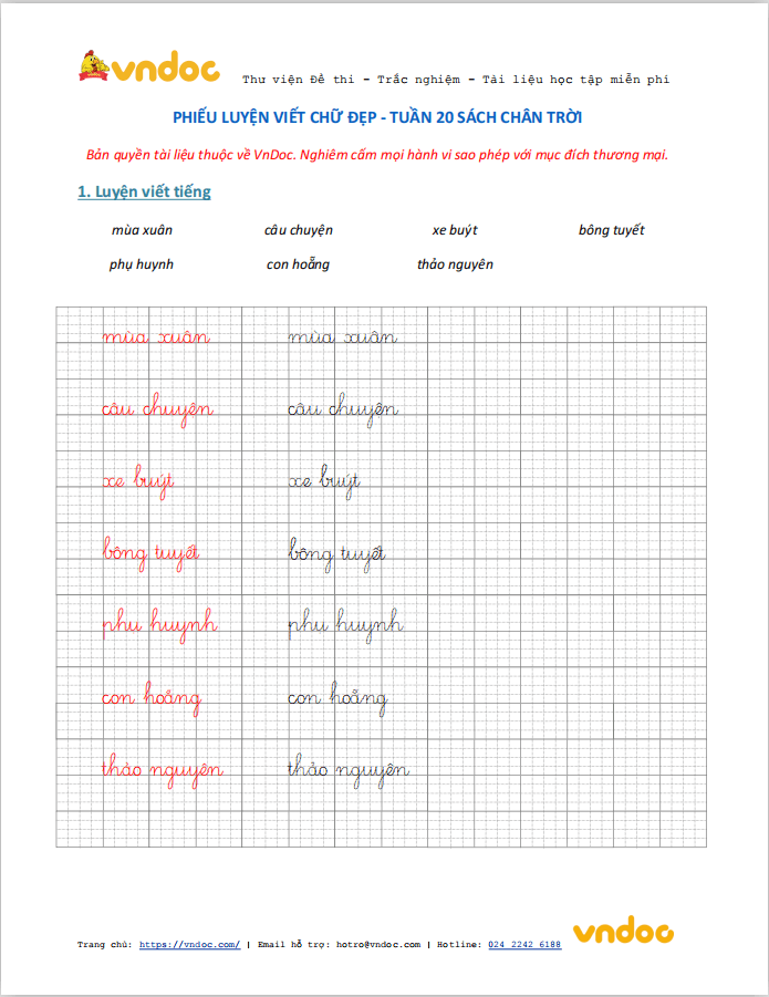 Phiếu luyện viết chữ đẹp Tuần 20 sách Chân trời sáng tạo