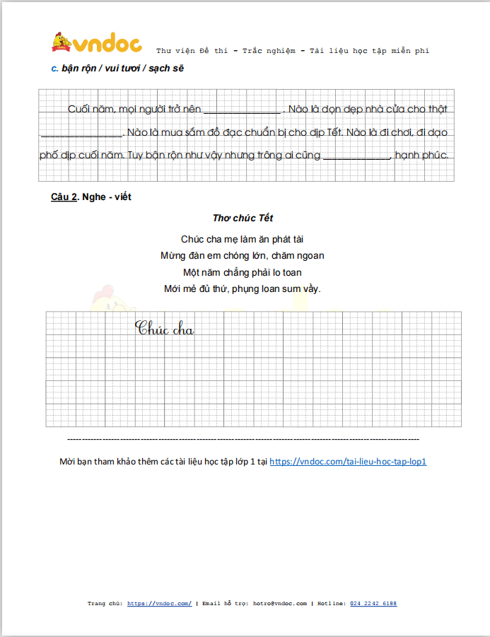 Bài tập Tết lớp 1 môn Tiếng Việt sách Kết nối tri thức