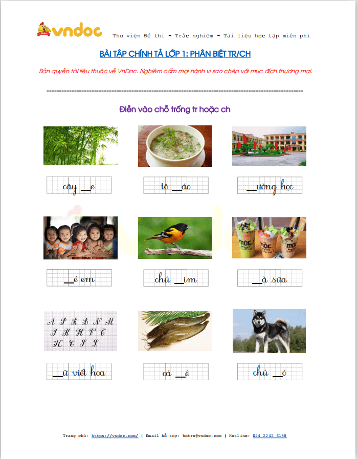 Bài tập chính tả điền tr/ch