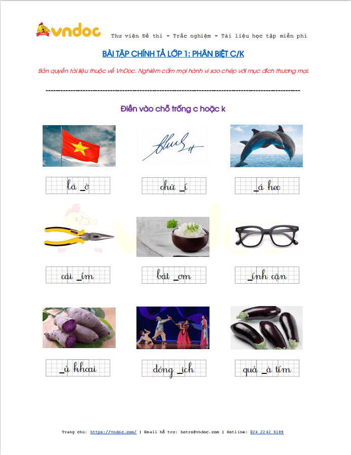 Bài tập chính tả: Điền c hoặc k lớp 1