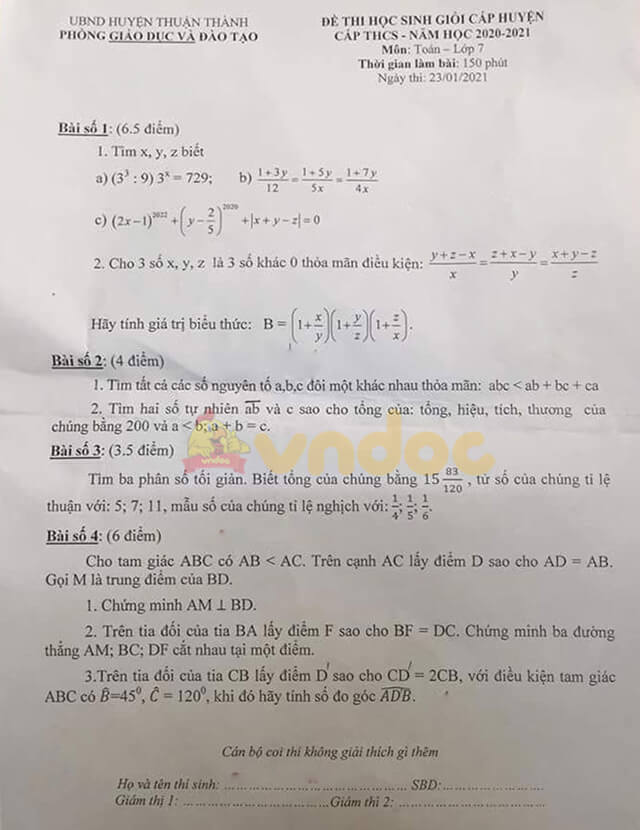 Đề thi chọn học sinh giỏi cấp huyện lớp 7 môn Toán Phòng GD&ĐT huyện Thuận Thành năm học 2018 - 2019