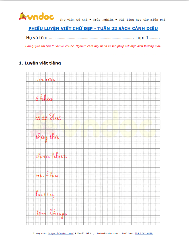 Phiếu luyện viết chữ đẹp Tuần 22 sách Cánh Diều