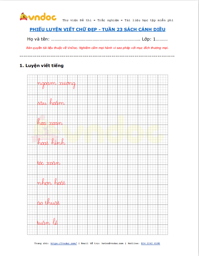 Phiếu luyện viết chữ đẹp Tuần 23 sách Cánh Diều