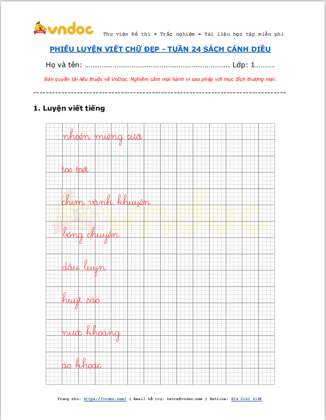 Phiếu luyện viết chữ đẹp Tuần 24 sách Cánh Diều