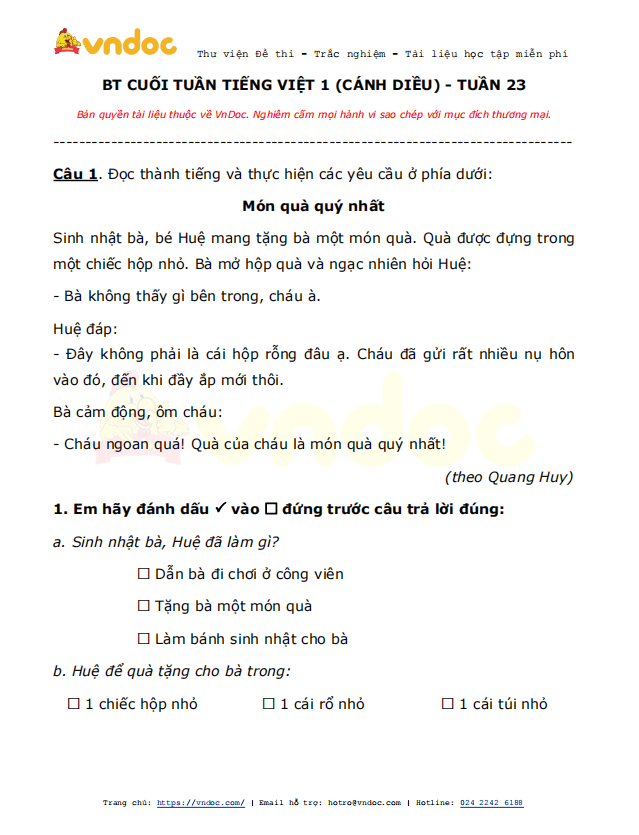 Phiếu bài tập cuối tuần Tiếng Việt lớp 1 Nâng cao - Tuần 23