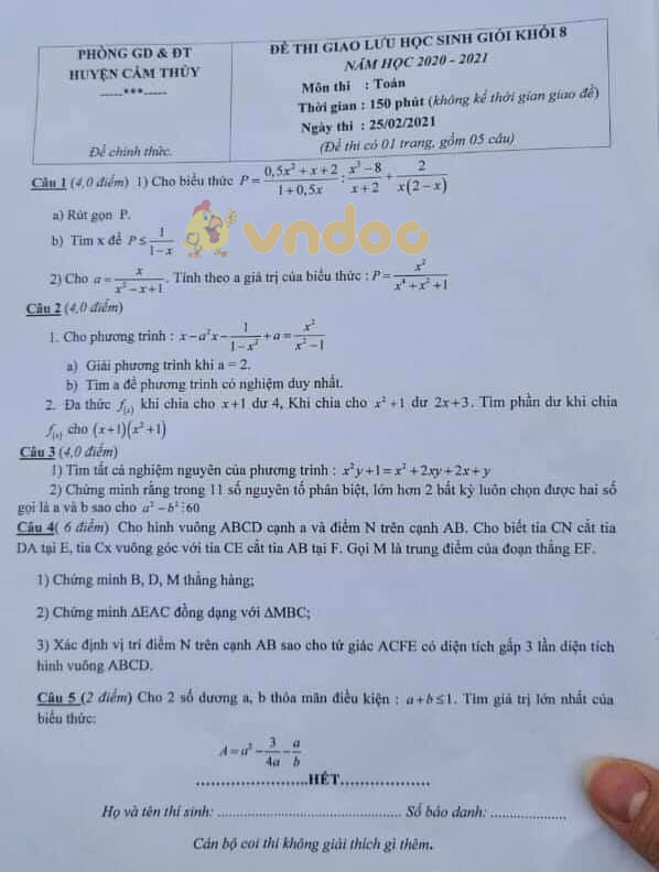 Đề thi giao lưu học sinh giỏi lớp 8 môn Toán Phòng GD&ĐT huyện Cẩm Thủy năm 2020 - 2021