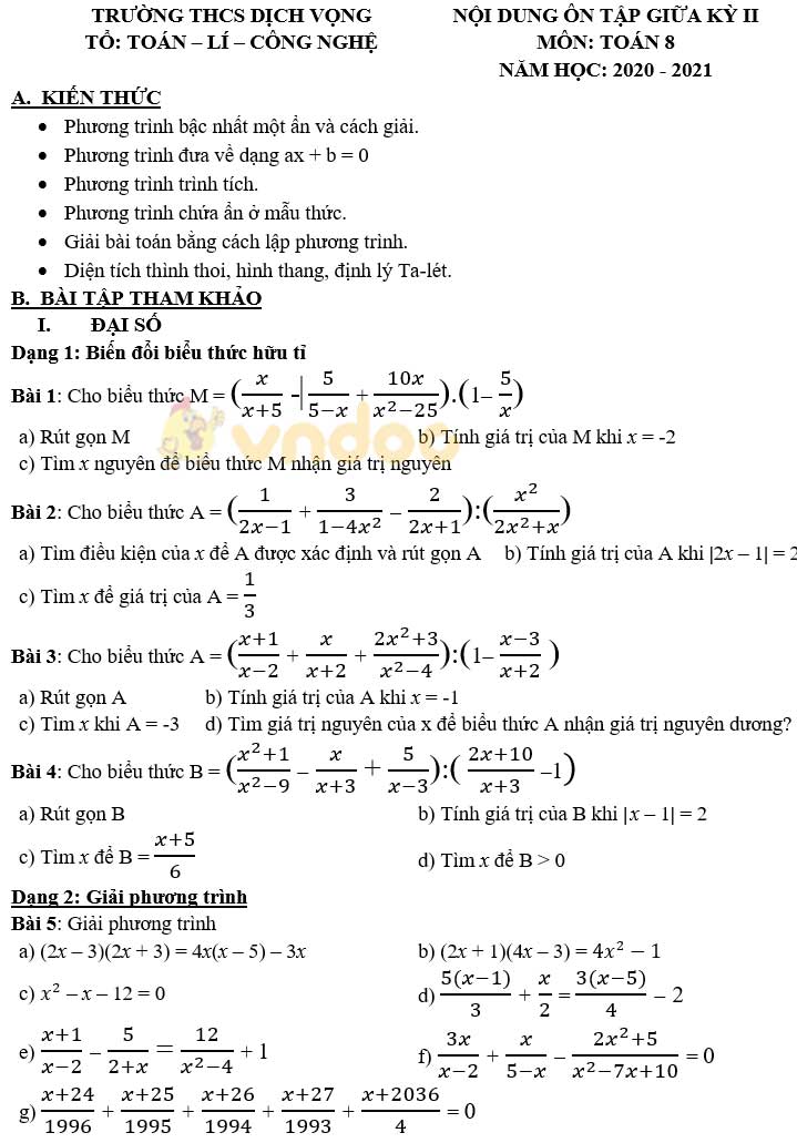 Đề cương ôn tập giữa học kì 2 Toán lớp 8 trường THCS Dịch Vọng năm 2020 - 2021