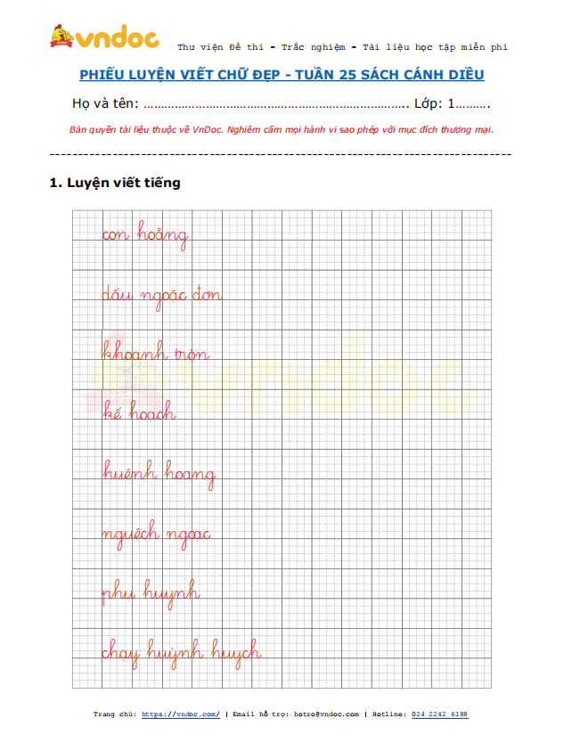 Phiếu luyện viết chữ đẹp Tuần 25 sách Cánh Diều
