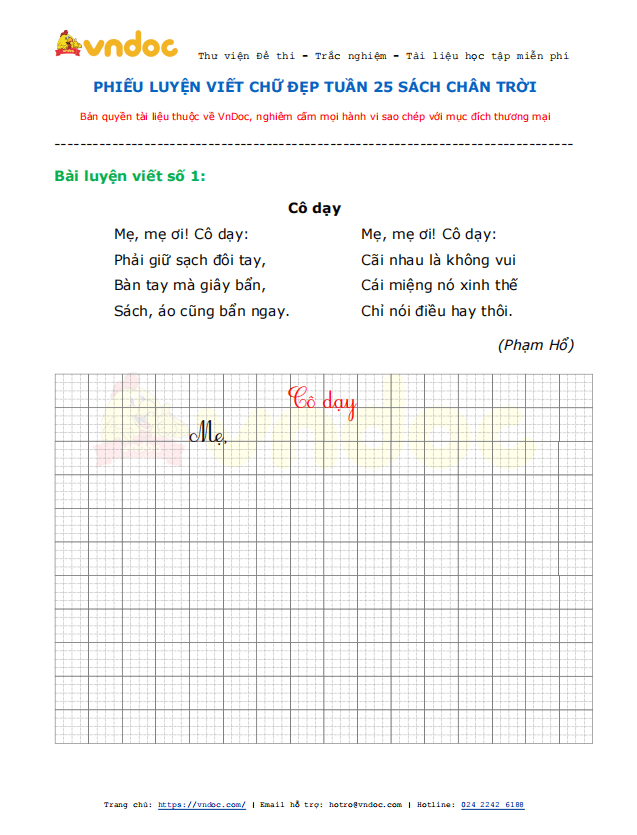 Phiếu luyện viết chữ đẹp Tuần 25 sách Chân trời sáng tạo