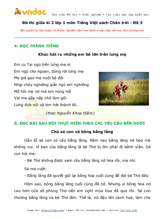 Đề thi giữa kì 2 lớp 1 môn Tiếng Việt năm 2021 sách Chân trời - Đề 3