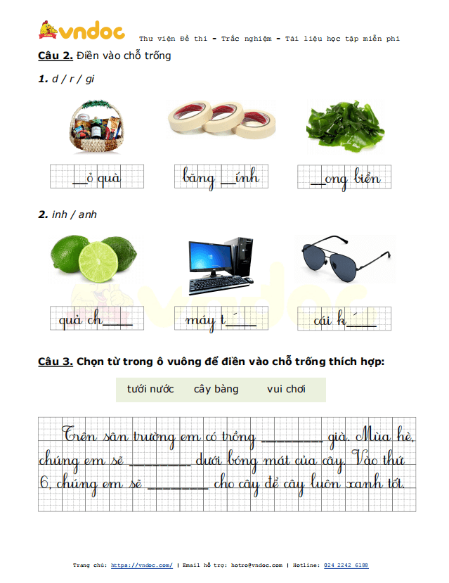 Đề thi giữa kì 2 lớp 1 môn Tiếng Việt năm 2021 sách Chân trời - Đề 3