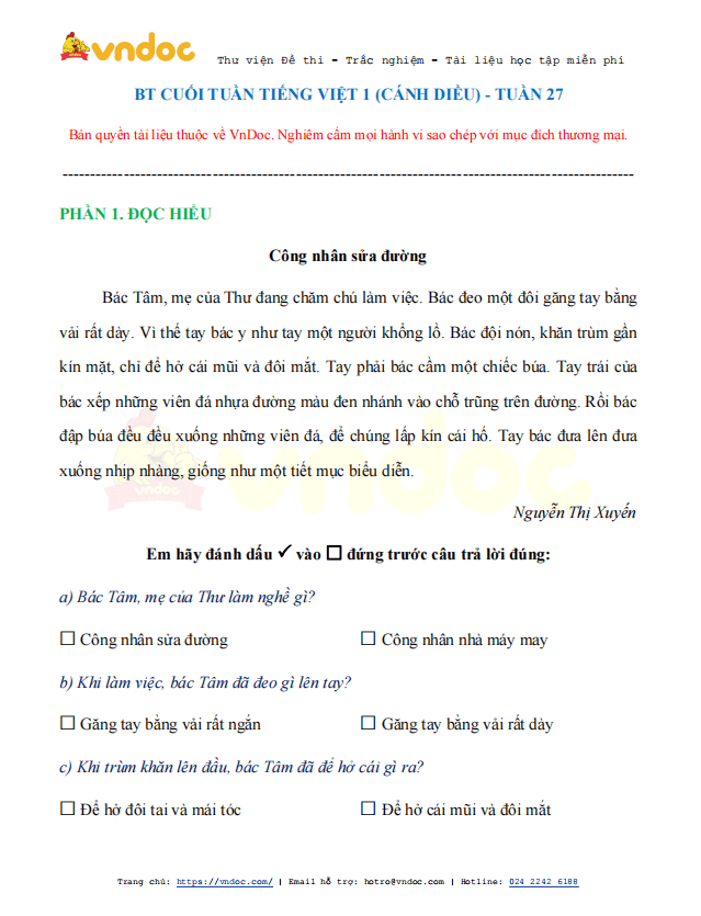 Phiếu bài tập cuối tuần Tiếng Việt lớp 1 Nâng cao - Tuần 27