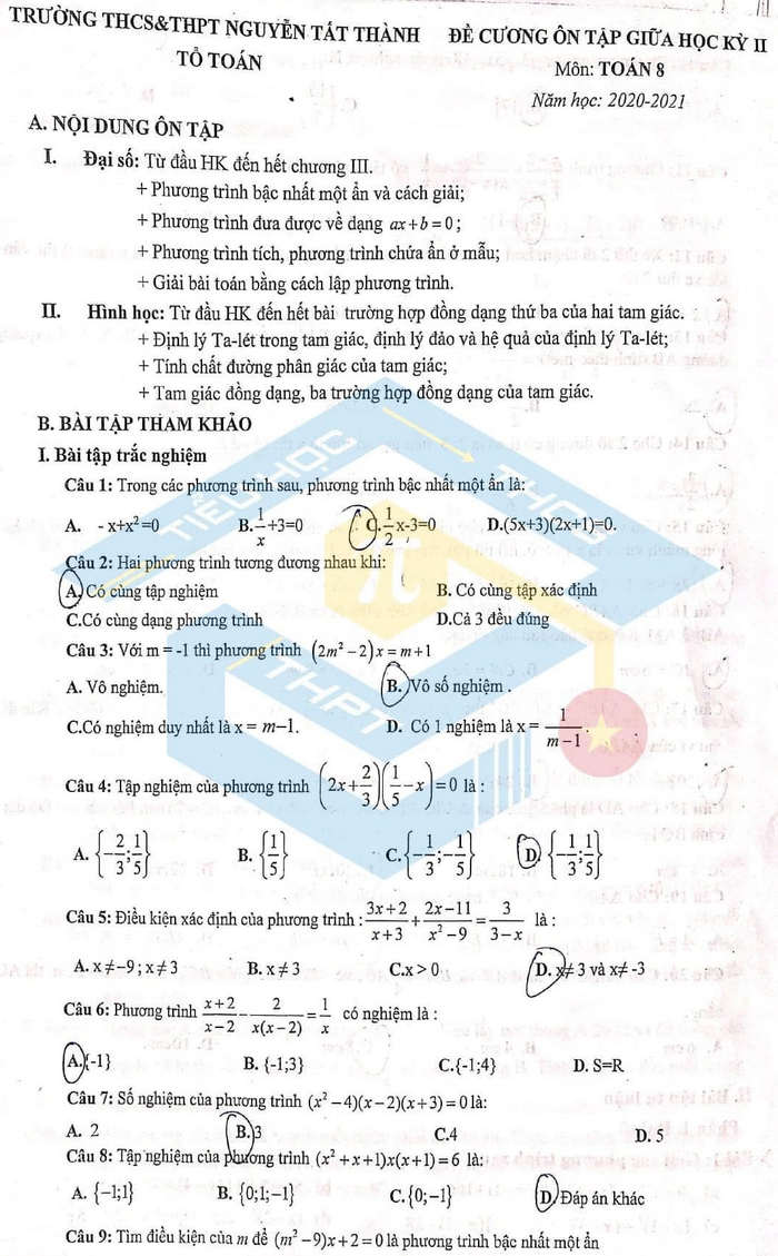 Đề cương ôn thi giữa học kì 2 lớp 8 môn Toán Trường THCS&THPT Nguyễn Tất Thành năm 2020 - 2021