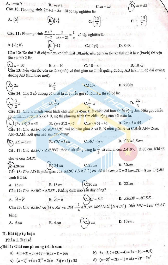 Đề cương ôn thi giữa học kì 2 lớp 8 môn Toán Trường THCS&THPT Nguyễn Tất Thành năm 2020 - 2021