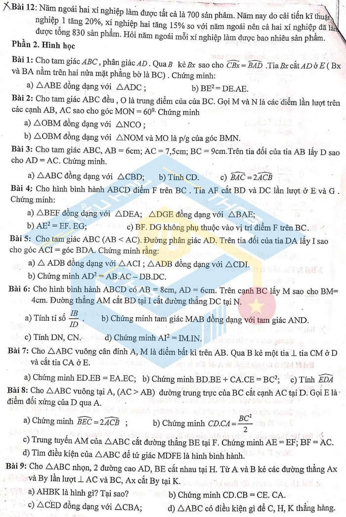 Đề cương ôn thi giữa học kì 2 lớp 8 môn Toán Trường THCS&THPT Nguyễn Tất Thành năm 2020 - 2021