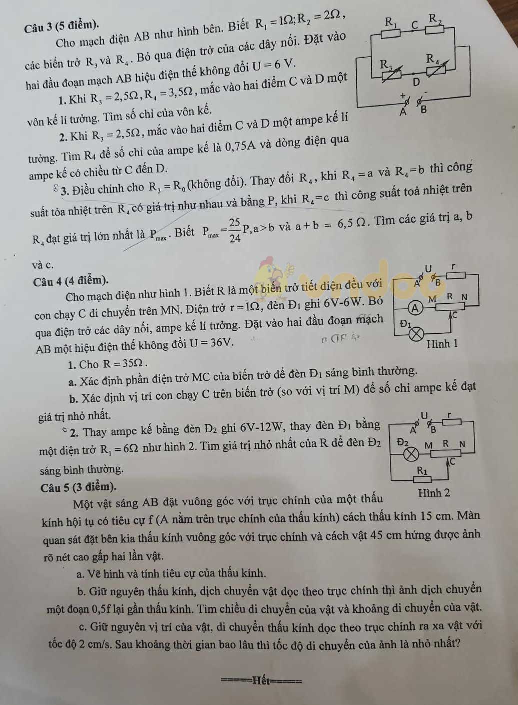 Đề thi chọn học sinh giỏi lớp 9 môn Vật lý Sở GD&ĐT Bắc Ninh năm 2020 - 2021