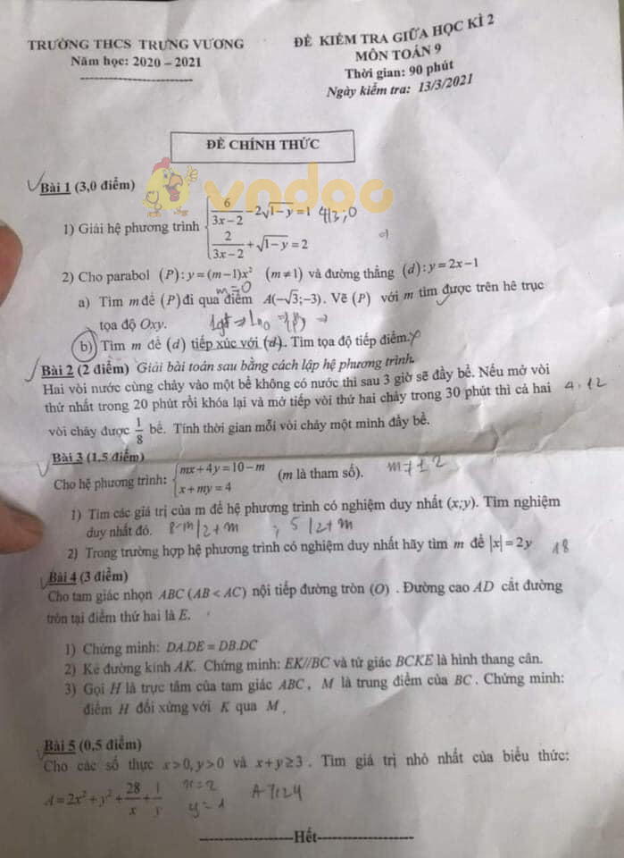 Đề thi giữa học kì 2 lớp 9 môn Toán Trường THCS Trưng Vương năm 2020 - 2021