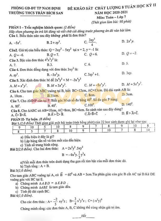 Đề thi Toán 7 giữa học kì 2
