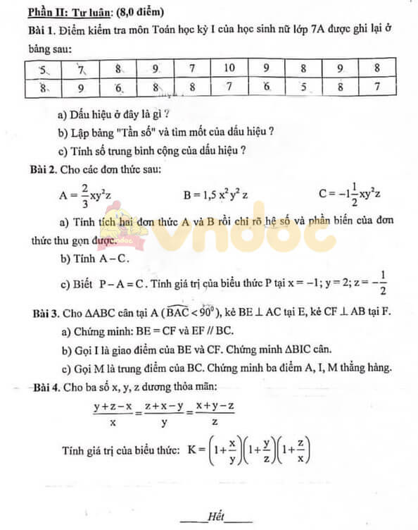 Đề thi giữa kì 2 Toán 7