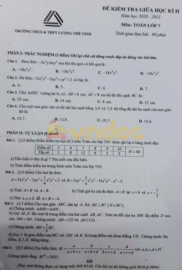 Đề thi giữa kì 2 Toán 7