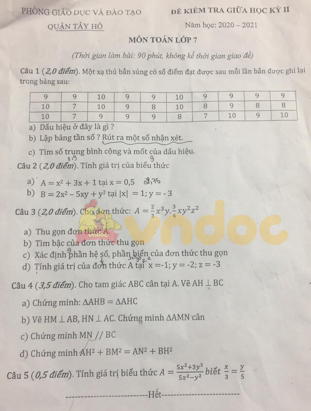 Đề thi giữa kì 2 Toán 7