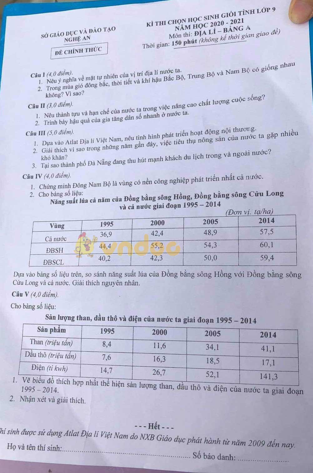 Đề thi học sinh giỏi lớp 9 môn Địa lý Sở GD&ĐT Nghệ An năm 2020 - 2021 - Bảng A