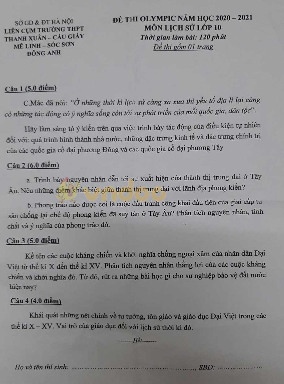Đề thi Olympic lớp 10 môn Sử Sở GD&ĐT Hà Nội năm 2020 - 2021