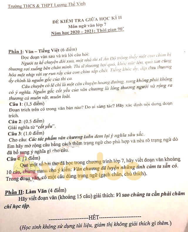 Đề thi giữa kì 2 Văn 7