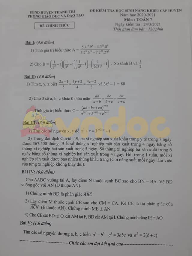 Đề thi chọn học sinh giỏi cấp huyện lớp 7 môn Toán