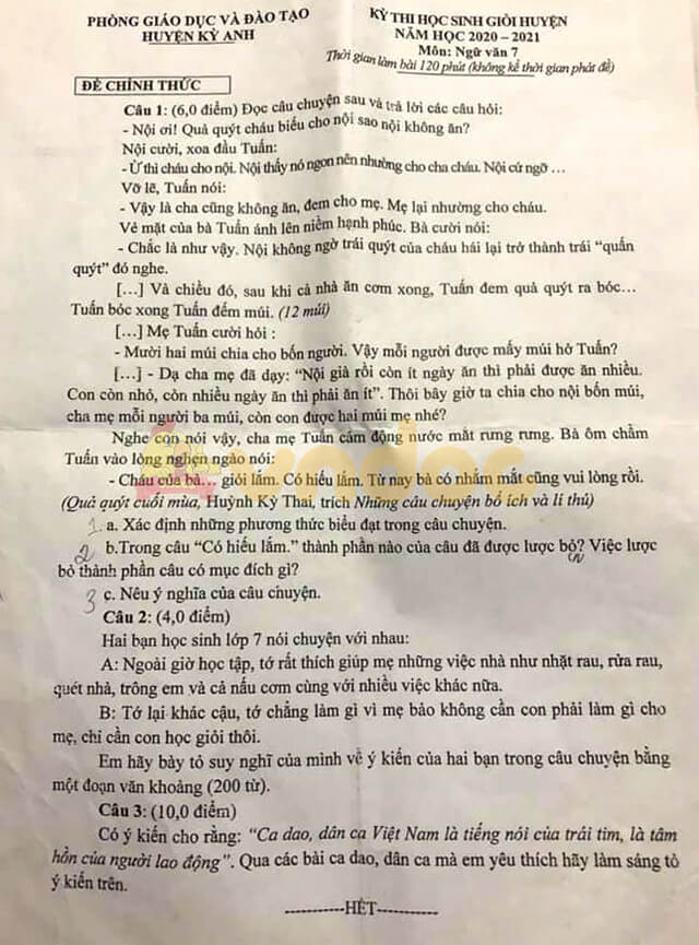 Đề thi hsg Văn 7