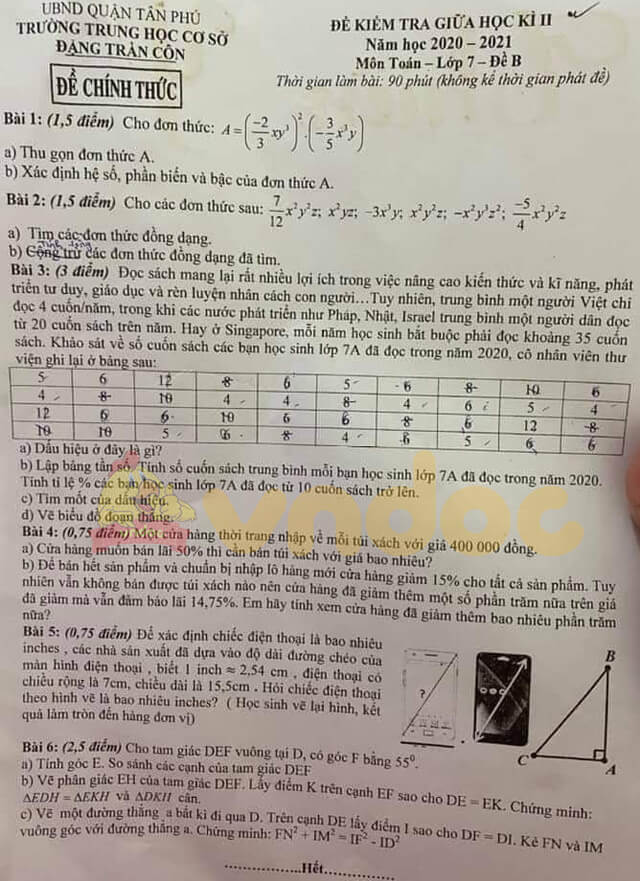Đề thi giữa kì 2 Toán 7