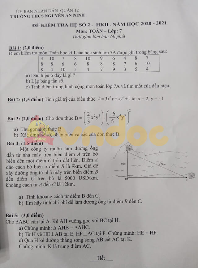 Đề thi giữa kì 2 Toán 7